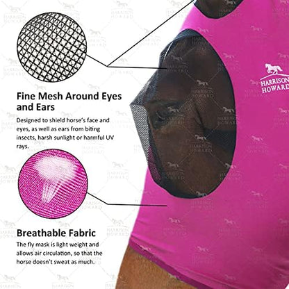 Harrison Howard Super Comfort Stretchy Fly Mask Large Eye Space with UV Protection Soft on Skin with Breathability Rose Pink XL Extra Full Size