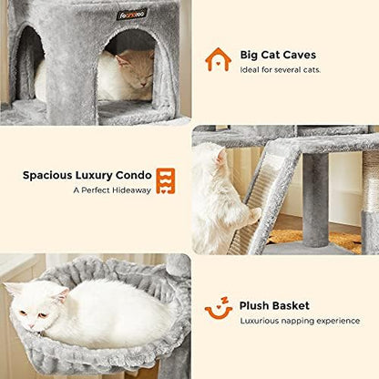 Feandrea Cat Tree, 37.8-Inch Tall Cat Tower, Multi-Level Condo, Light Gray