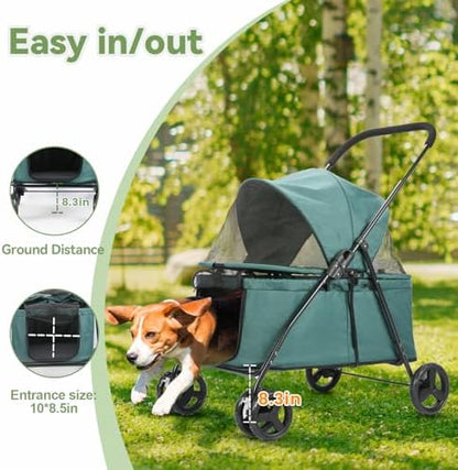 20% Larger Capacity, Wedyvko Dog Stroller for Medium/Small Pets w/Dog Poop Bags & Dispenser, Storage Pouch, Zipperless, Entry in/Out Easy (Dark Green)