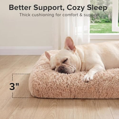 JOEJOY Dog Bed Crate Pad, Deluxe Plush Washable Dog Beds Fulffy Soft Kennel Pad Anti-Slip Pet Sleeping Mat for Medium Small Dogs, 29" x 21", Beige