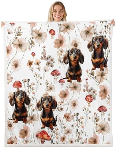 Erosebridal Kids Dachshund Blankets and Throws 60"x80",Mushroom Dachshund Blanket Throw for Girls Women,Kawaii Puppy Dog Fleece Blanket Farmhouse Rustic Floral Sherpa Blanket for Bedroom Decor