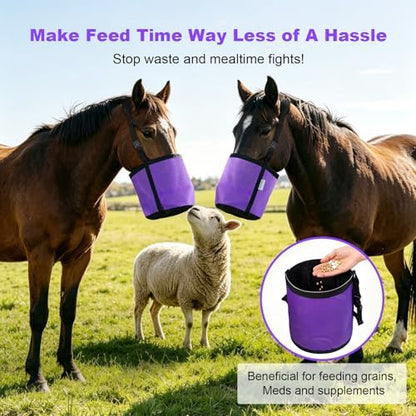 Horse Feed Bags for Grain, Breathable Muzzle Feed Bags for Horses, Universal Mesh Feedbag for Feeding Grain, Anti-Spill Design Feeder, Durable Nose Bag with Solid Bottom (Purple)