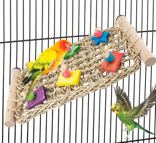 FlidRunest Conure Ladder Perch with Colorful Wood Chew Block | Natural Parrot Seagrass Foraging Mat, Bridge Stands Climbing Hammock Chewing Activity Toy for Parakeets, Lovebird
