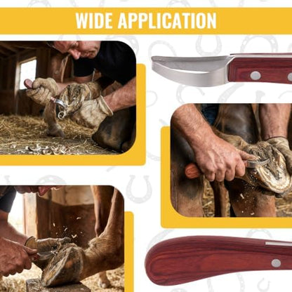 Hoof Knife with Sharpener, 2 PCS Professional Farrier Kit, Curved Stainless Steel Trimming Knife & 400/800 Grit Diamond Rod, Ergonomic Wood Handle, Rust-Resistant for Horses, Cattle