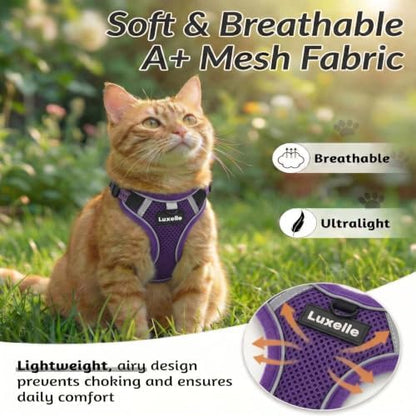 Luxelle Escape-Proof Cat Harness and Leash Set – Adjustable No Pull Soft Vest with 360° Reflective Straps, Built-in Pocket & Wrist Strap, Breathable Mesh Outdoor Harness for Cats & Kittens