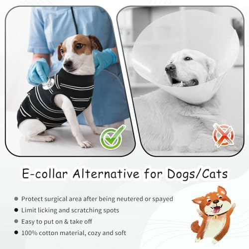 Kuoser Dog Surgery Recovery Suit, Soft Breathable Dog Recovery Suit for Female Spay Male Nueuter, Anti Licking Puppy Onesie Pet Surgical Suit for Dogs Abdominal Wounds Skin Disease, Black Strips S