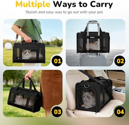 Hipubby Cat Carrier Dog Carrier for Pets Up to 16 Lbs, Soft-Sided Pet Travel Carrier for Cats and Small Dogs, Airline Approved Pet Carrying Case with Shoulder Strap & Removable Mat - Black