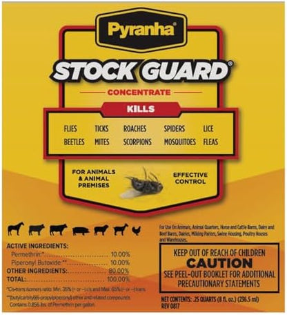 PYRANHA Stock Guard Concentrate - Livestock, Barn, Milk Rooms, Dairies, Poultry & Swine Houses Indoor Fly Control | Repels Flies, Lice, Ticks, Beetles, Mites, Gnats, 8 Oz