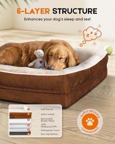 Upvilla Orthopedic Dog Bed XL, Four-Sided Dog Sofa, Washable Cover, Brown