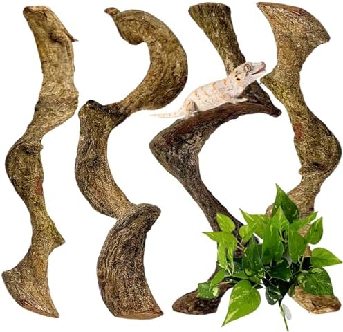 BNOSDM 4PCS Natural Reptile Climbing Branches Decor,0.8-1.2" Thick Snake Climbing Forest Wood with Plant Leaf Decor,Lizard Forest Branch,Geckos Tank Tree Trunk Accessories for Bearded Dragons