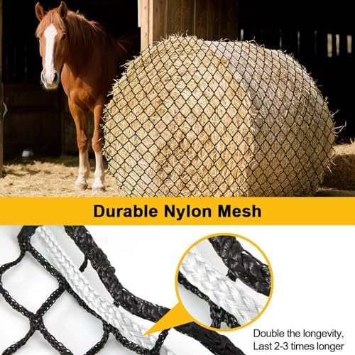 6X6Ft Round Bale Hay Net for Horses,Reduces Hay Waste,Durable Knotless Nylon Slow Feeder, Ideal for Outdoor Use, Holes Fits Round Bales