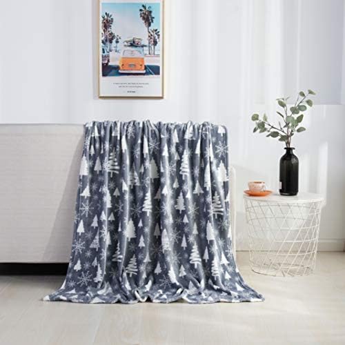 Elegant Comfort Velvet Touch Ultra Plush Christmas Holiday Printed Fleece Throw/Blanket-50 x 60inch, (Gray Christmas Tree)