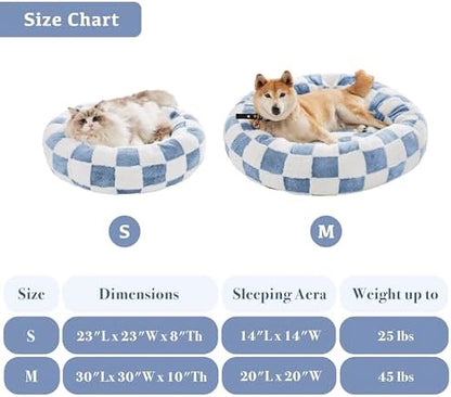 Ohocut Checkered Cat Dog Bed, Cute Blue Retro Style Aesthetic Round Warming Pet Calming Beds for Small Dog and Cats, Plush Cozy Donut Beds Washable, 23" L x 23" W x 8" Th