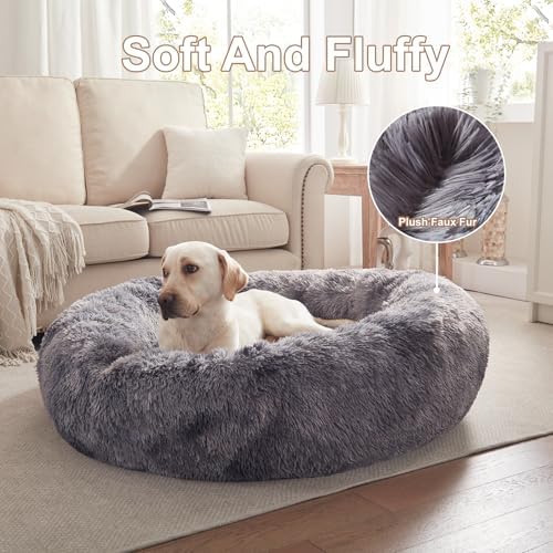 45 in Faux Fur Donut Dog Bed for Extra Large Dogs,Tie-dye Grey