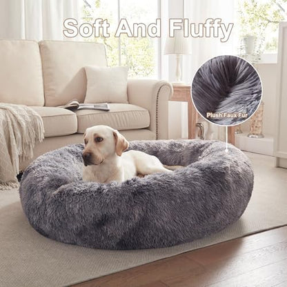 45 in Faux Fur Donut Dog Bed for Extra Large Dogs,Tie-dye Grey
