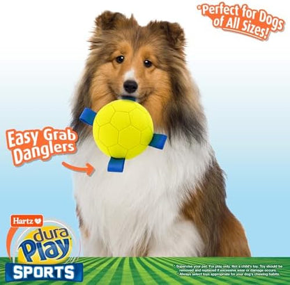 Hartz Dura Play Sports Soccer Dog Toy, Bacon Scented Squeaky Latex Yellow & Blue Toy, 3 Count