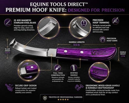 Right-Hand Double Edge Farrier Hoof Knife, J2 420 Magnetic Stainless Steel Blade, Ergonomic Purple Handle, Horse Hoof Trimming Tool for Sole & Frog Paring