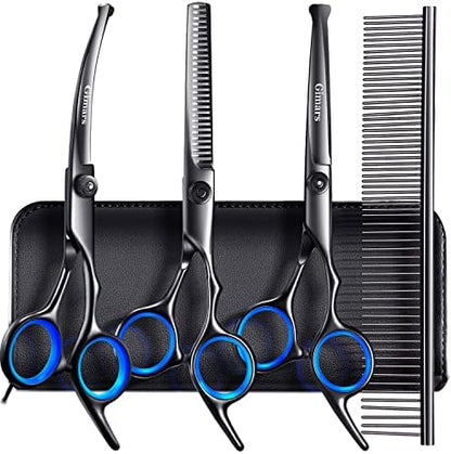 Gimars Dog Grooming Scissors Kit Professional 4CR with Safety Round Tip, 5 in 1 Heavy Duty Titanium Coated Thinning & Curved & Straight Shears
