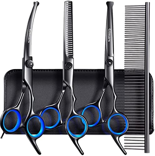 Gimars Dog Grooming Scissors Kit Professional 4CR with Safety Round Tip, 5 in 1 Heavy Duty Titanium Coated Thinning & Curved & Straight Shears