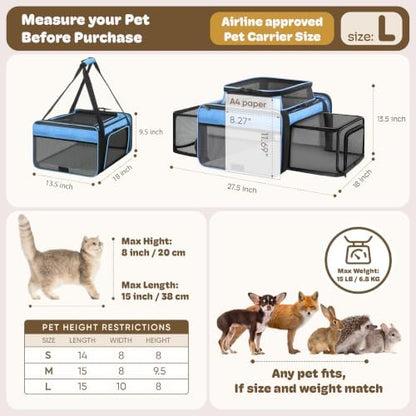 Top and 2 Sides Expandable Cat Carrier 18x13.5x9.5 TSA Airline Approved