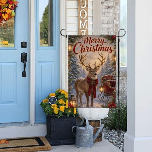 Christmas Reindeer Garden Flag 12x18 Inch Merry Holiday Deer Lighted Antlers Sleigh Gifts Lantern Snowy Forest Rustic Outdoor Yard Lawn Porch Double Sided Banner Welcome Decor