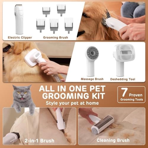 HEAPETS Dog Grooming Vacuum Kit - 3L Vacuum with 7 Tools, Low Noise Electric Clipper and Brush for Pet Shedding at Home, Blue