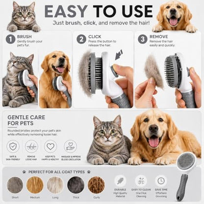 Pet Grooming Deshedding Brush, Self-Cleaning Massaging Brush for Dogs and Cats, Short and Long Hair (Rray)