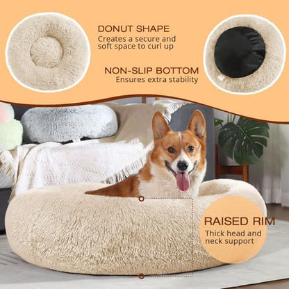JOLLYVOGUE Dog Bed, Calming Anti-Anxiety Large Dog Bed, Fluffy Donut Cushion for Medium and Large Pets (27")