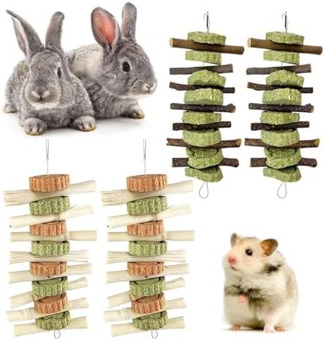 Hamiledyi 4PCS Bunny Chew Toys Rabbit Hanging Toys for Teeth Grinding Natural Apple Wood Sweet Bamboo Sticks Timothy Grass&Carrot Cake for Chewing/Improving Rodent Animals Dental Health