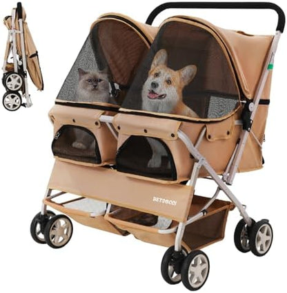 Double Pet Stroller for 2 Small Dogs & Cats, Side-by-Side Twin Travel Carriage with Safety Leashes, Mesh Windows & Double Storage Baskets, Lightweight & Foldable, 44lbs Capacity, Khaki