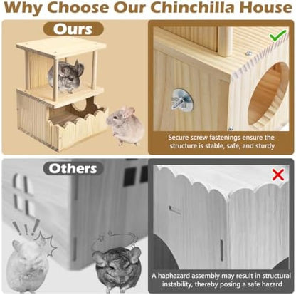 Fhiny Wooden Chinchilla Hideout, 2-Layer Guinea Pig House Nature Wood Small Animal Hut Chinchilla Cage Accessories for Hamster Squirrel Sugar Gliders
