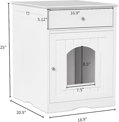 Large Wood House for Cats Litter Box Enclosure Furniture Hidde Out Box with Cabinet Drawer Indoor Pet House Side Table Wooden Crate (White)