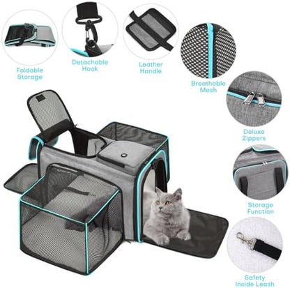 Pet Carrier, Large Soft Sided Expandable Travel Carrier with Steel Frame, Anti-Scratch Mesh, Removable Fleece Pad and Pockets for Cats, Dogs and Small Animals up to 15 lbs (Gray, 4 Sides Expandable)