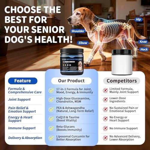 Senior Advanced Joint Supplement for Dogs – 17-in-1 Glucosamine for Dogs with Chondroitin – Hip & Joint Pain Relief Pills – Mobility Support Chews – Large & Small Breeds - Chicken Flavor – 90Ct