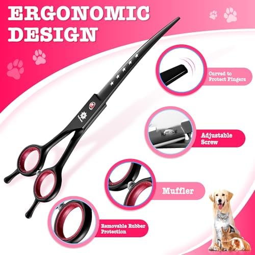 Dream Reach Dog Grooming Scissors - 7" Professional 6 in 1 Sharp Dog Shears Set Thinning, Chunker, Straight, Curved Shears and Comb for Dog Cat Pet, Pink
