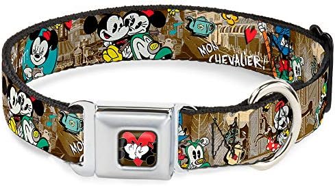 Buckle-Down Seatbelt Buckle Dog Collar - Mickey & Minnie Croissant de Triomphe Scenes - 1" Wide - Fits 11-17" Neck - Medium