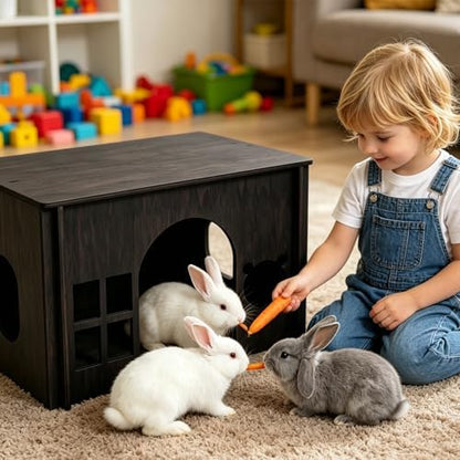 Large Sturdy Wooden Rabbit Castle Hideout with Spacious Balcony, Detachable Bunny Playhouse Hideaway Cage Accessories, Indoor Habitat Toys for Guinea Pig Chinchilla Hamster Gerbil Small Animals