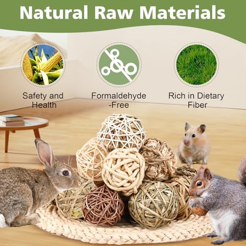 Bunny Chew Grass Balls, Rolling Chew Toys for Small Animals, Improving Dental Health, Natural Chew Grass Toys for Rabbits, Guinea Pigs, Chinchillas, Hamsters, Mice (16 Pcs)