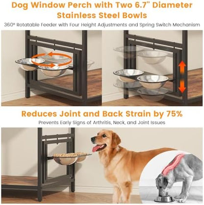 kepptory Dog Window Perch with 360° & Adjustable Raised Feeder, Pet Stairs Ramp with Stairs and Storage, Pet Bunk Bed with Small Pet Step