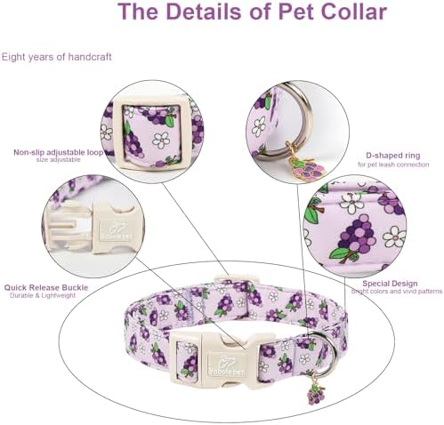 Summer Dog Collar Cute Grape Dog Collars for Medium Dogs - Lightweight Adjustable Purple Puppy Collar Boy Girl Fall Dog Collar with Quick Release Buckle M