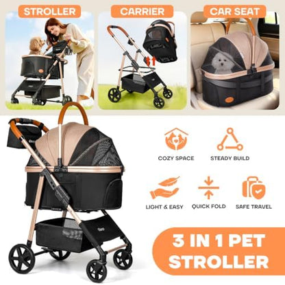 Dog Cat Stroller for Small/Medium Pets, 50 lbs, 3-in-1 Pet Stroller, Khaki