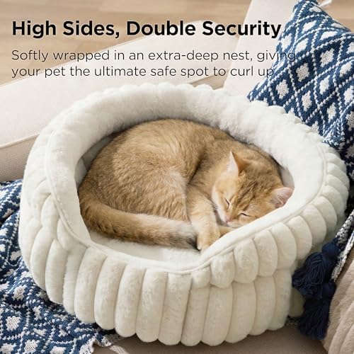 Bedsure ComfyFleece™ Washable Cute Cat Bed,Soft Round Kitten Bed,20in,Cream