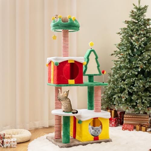 PETSITE 61 inch Christmas-Themed Cat Tree, Multi-Level Cat Tower with Sisal Scratching Posts, 2 Gift Box-Shaped Cat Condos, Hanging Teasing Ball, and Spring Toys, Cute Cat Tree Tower for Indoor Cats