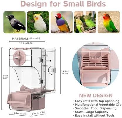 Automatic Bird Feeder, No Mess Bird Cage Feeder with Perch Multi-Functional Holder for Fruits Vegetables for Parakeet Canary Cockatiel Finch (Pink)