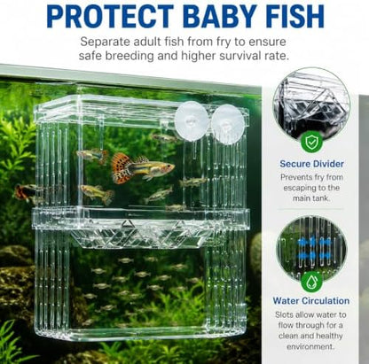Aquarium Breeder Box for Fish Tank, Acrylic Fry Hatchery & Isolation Box with Air Pump Connector, Double Layer Nursery for Guppy Fry, Shrimp, Betta and Injured Fish (Small)