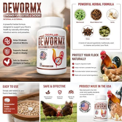 Farmalab Natural Dewormer Internal & External 100 Tabs Poultry - Vitamin for Poultry Rooster Hen Chicken Baby Chick, hens. Made in USA.