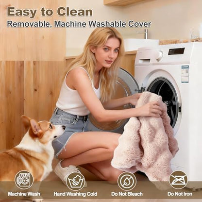 Orthopedic Dog Beds for Big Dogs, Fluffy Faux Rabbit Fur Pet Bed with Removable Washable Cover, Dog Bed Mat with Egg Crate Foam & Waterproof Lining, Anti Slip Bottom, Light Khaki,52"x36"x4"