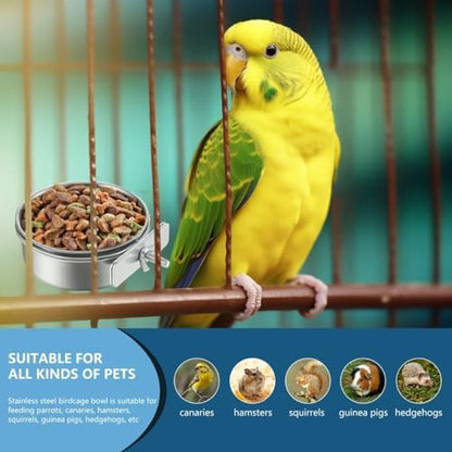 2Pcs Stainless Steel Bird Feeding Bowls, Small Bird Feeding Cup, Stainless Steel Parrot Food Bowl Cage with Holder, Parrot Cage Water Feeder, Pet Cage Cup Holder (Dia 6.3", 4.72",)