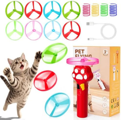 BABORUI Cat Toy Disc Launcher, Rechargeable Interactive Cat Fetch Toy Launcher with 8 Flying Discs, Flying Enrichment Toys for Indoor Bored Kittens & Adult Cats (Red)