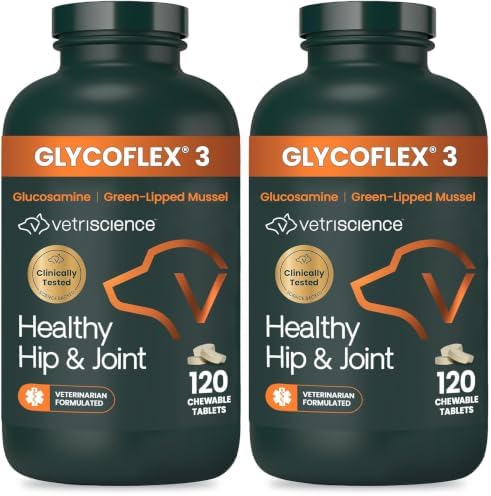 VetriScience Extra Strength Healthy Hip & Joint Chewable Tablets,GlycoFlex Glucosamine and Green-Lipped Mussel JointSupport Supplement for Dogs,Soothe-JointDiscomfort,Chicken,120 Count (Pack of 2)